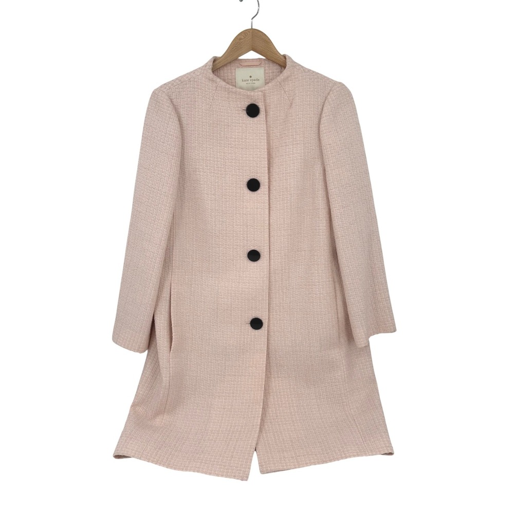 Kate Spade Boucle Pink Single Breasted Button Front Collarless Coat Size 10